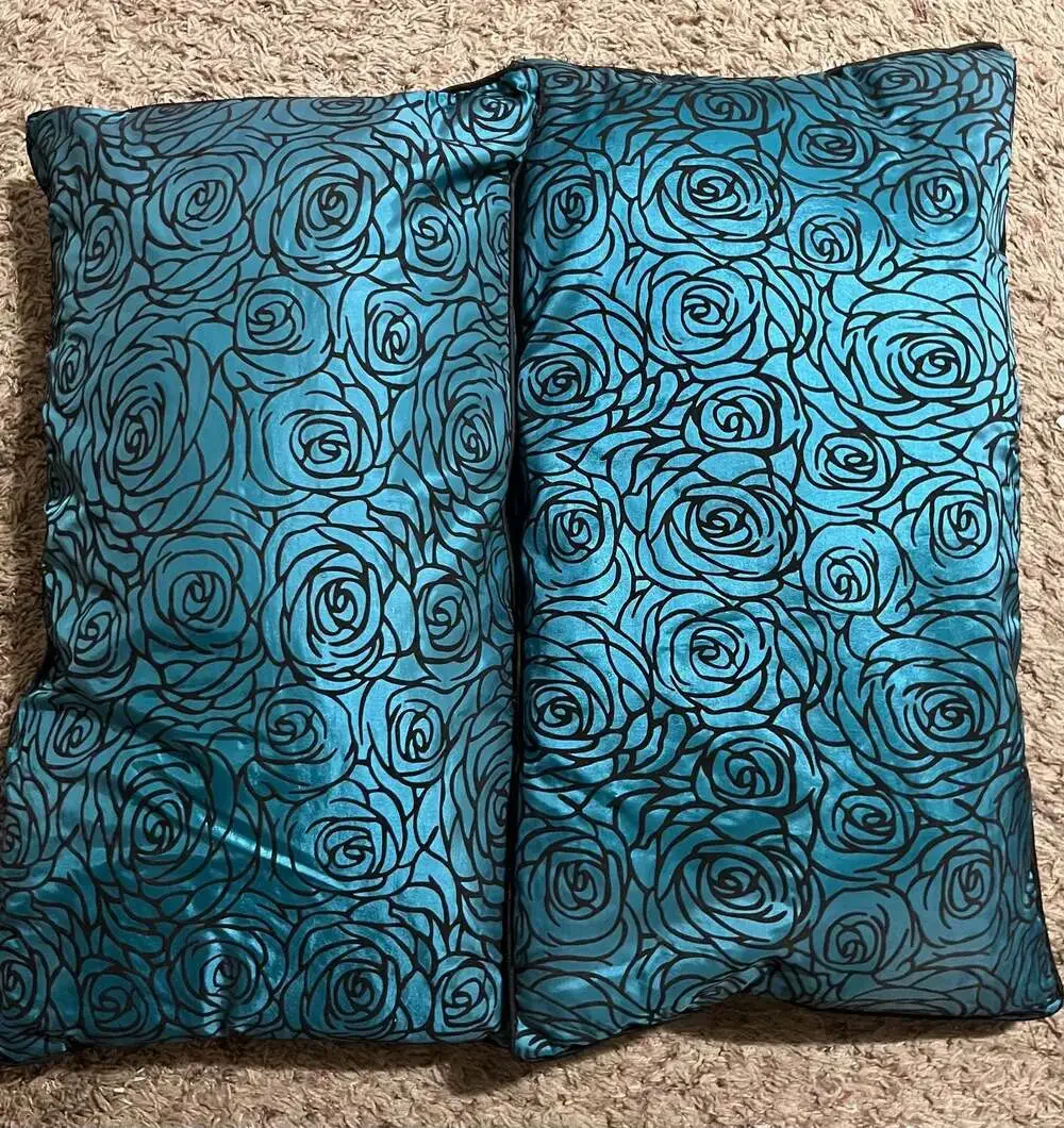 Set of 2 Decorative Teal and Black Rose Print Throw Pillows